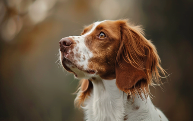 A single, close-up photo of a Brittany Spaniel, capturing their alert expression and beautiful feathered coat.