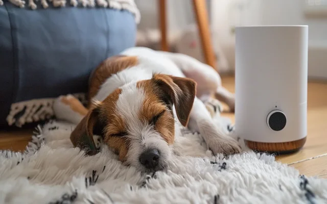 A small dog napping peacefully next to a white noise machine