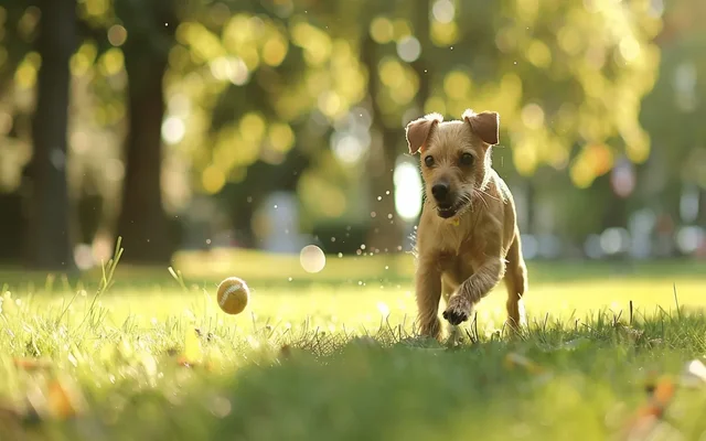 A small dog playing fetch in a park