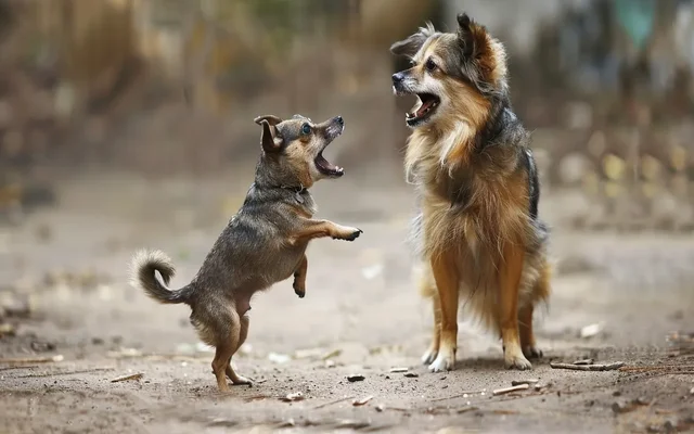 A small dog standing on its hind legs, barking fiercely at a much larger dog