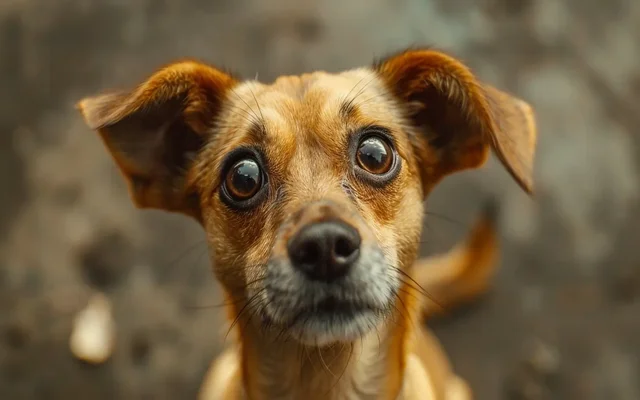 A small dog's face with wide eyes and perked ears, looking alert and slightly overwhelmed