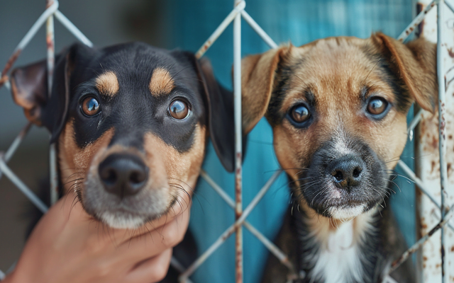 A split image showing a dog being adopted from a shelter and a dog being purchased from a breeder