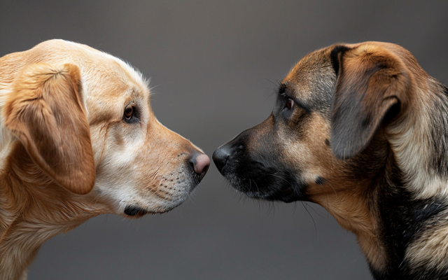 A split image showing a male and female dog calmly interacting with each other