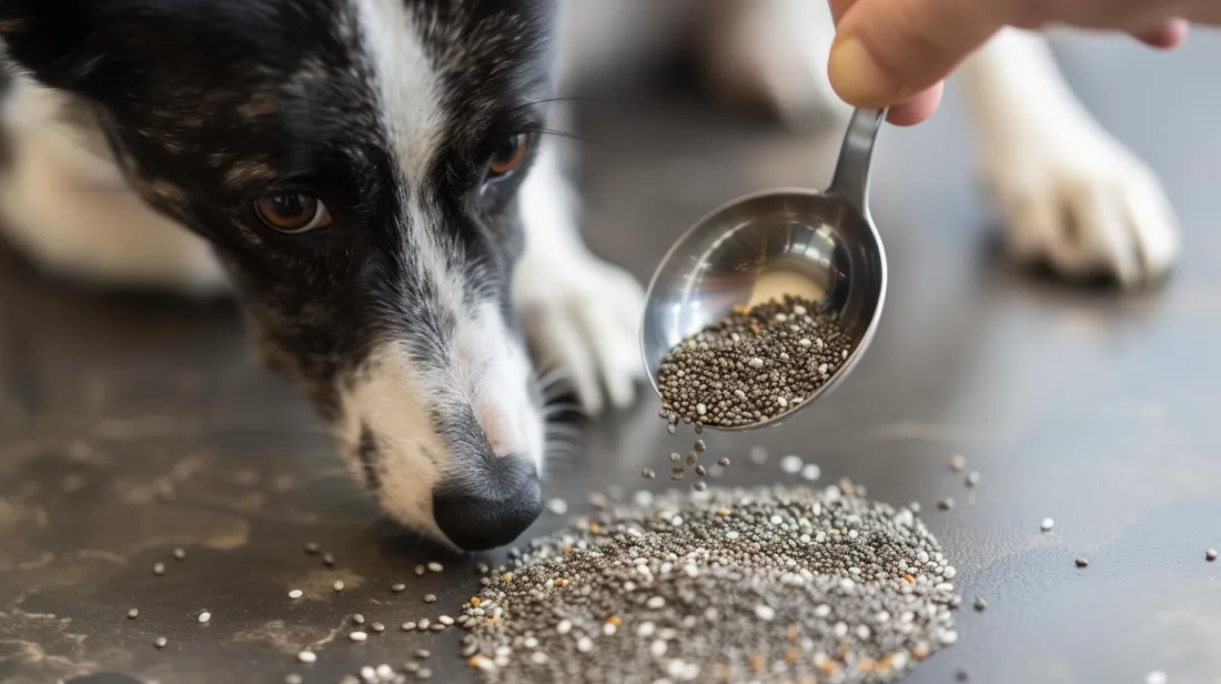 A spoonful of chia seeds being sprinkled over a dog's food