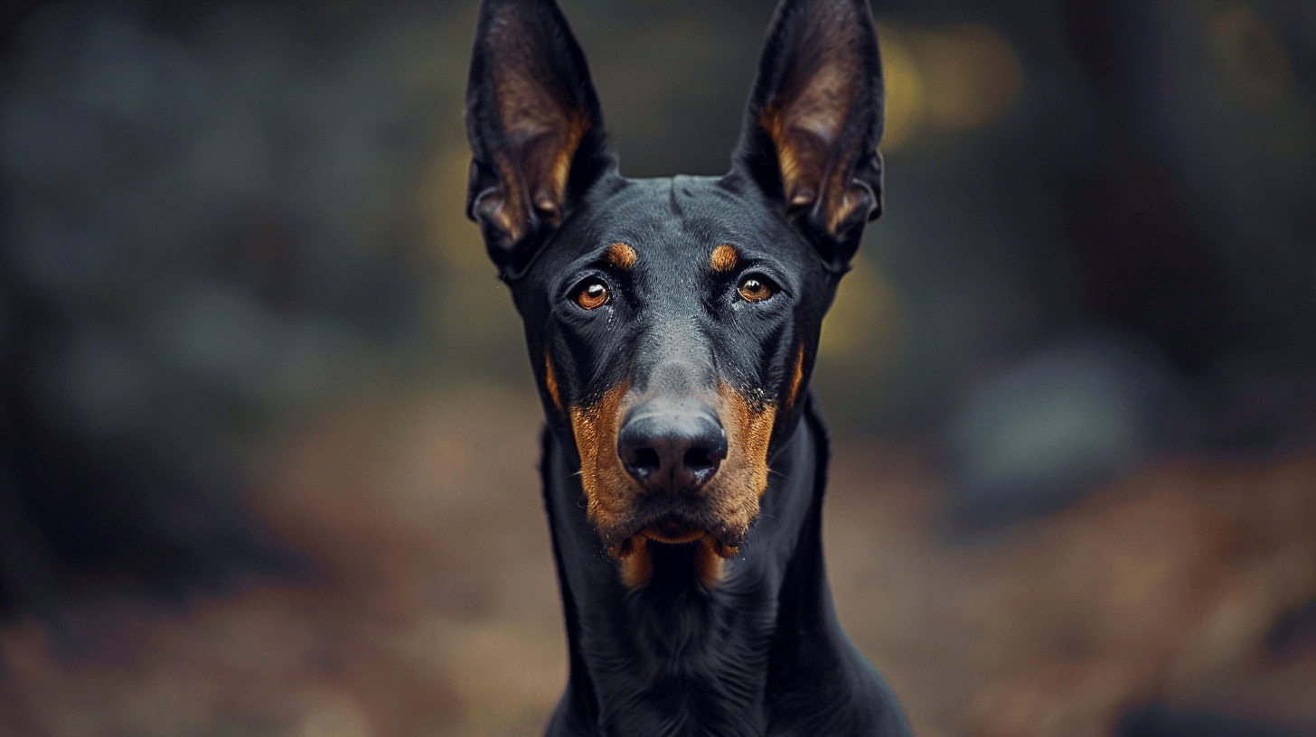 A stoic-looking guard dog Doberman Pinscher