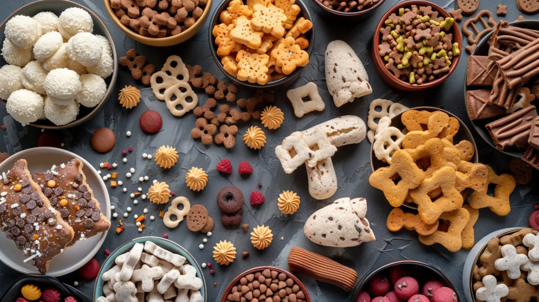 A variety of dog treats spread out on a table