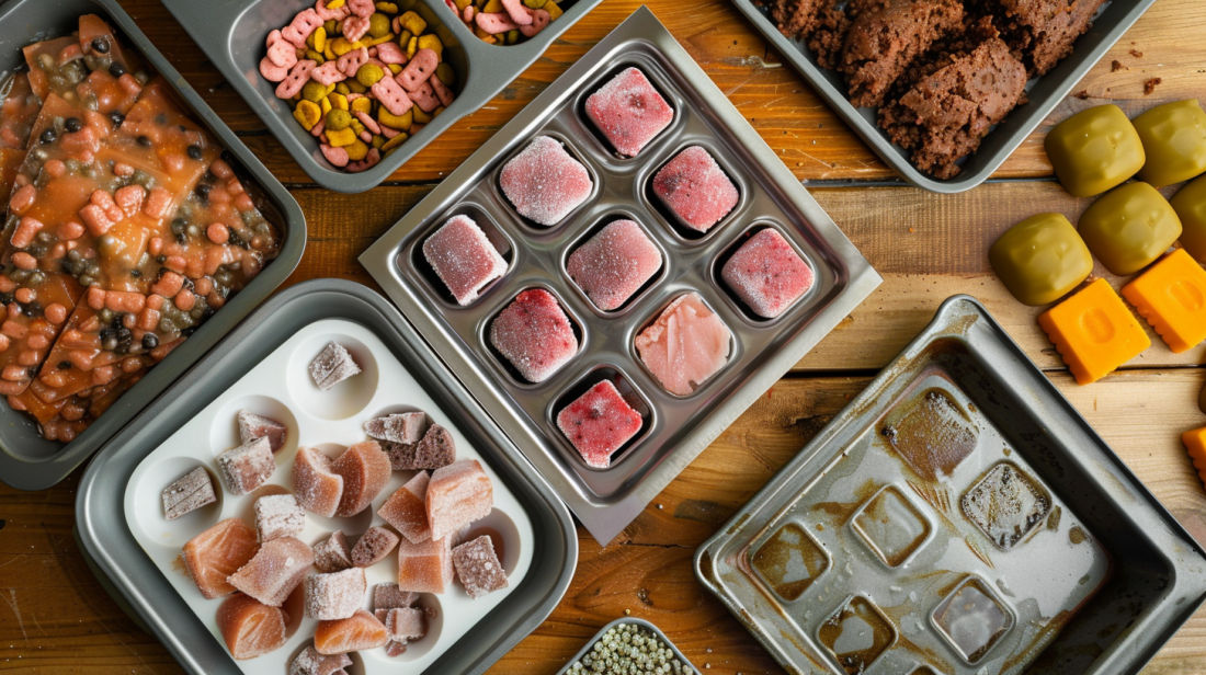 A variety of frozen dog food portions in ice cube trays, muffin tins, and a meatloaf pan 