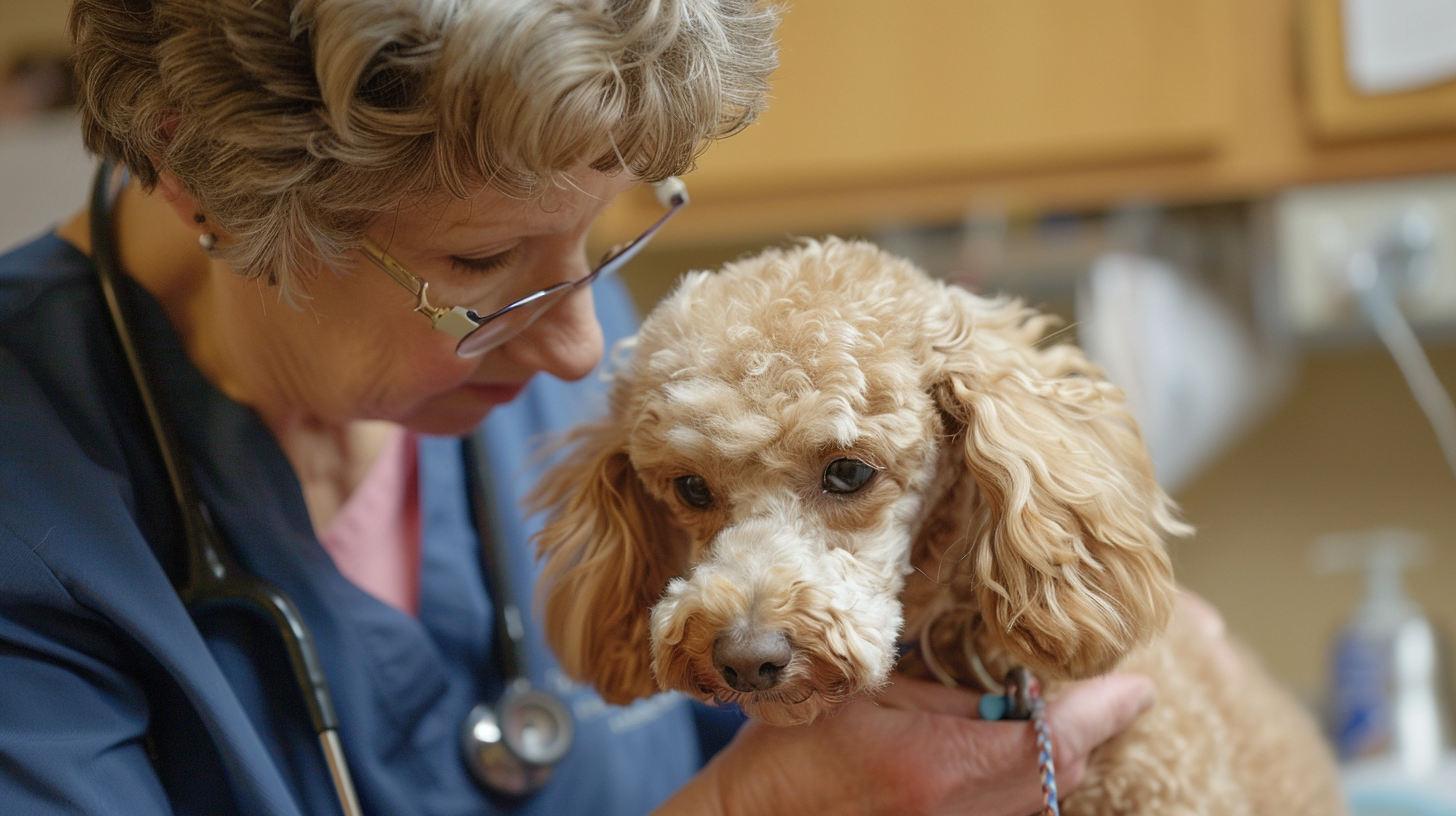 A vet checking a Miniature Poodle's ears
