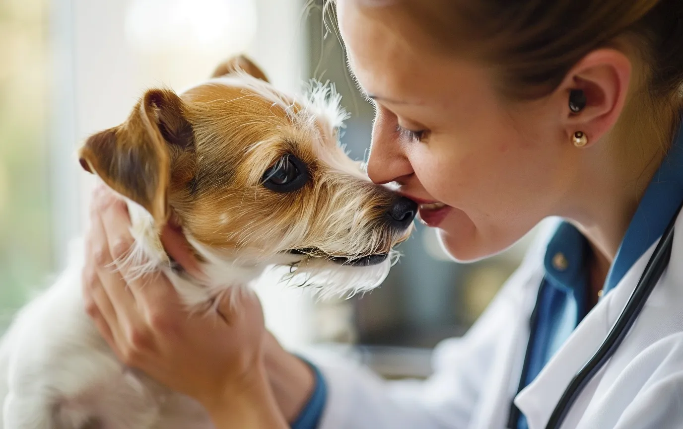 A veterinarian gently examining a small dog's mouth