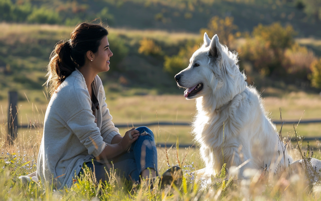 A woman sitting with a breeder, discussing an Anatolian Shepherd litter