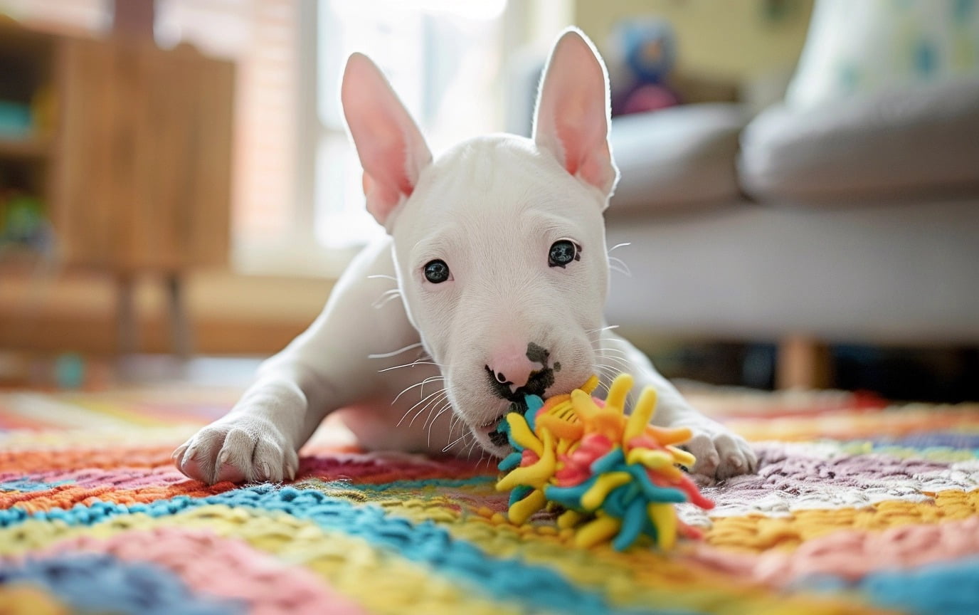 A young Bull Terrier puppy playfully chewing on a teething toy.