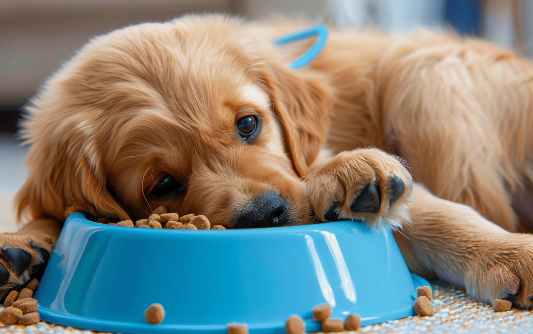 Adorable Golden Retriever puppy chowing down on kibble from a blue bowl, demonstrating healthy puppy enthusiasm for mealtime