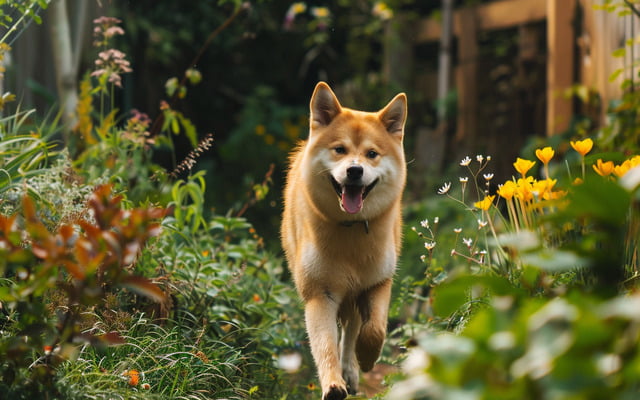 Akita Golden Retriever dog is playing in the garden
