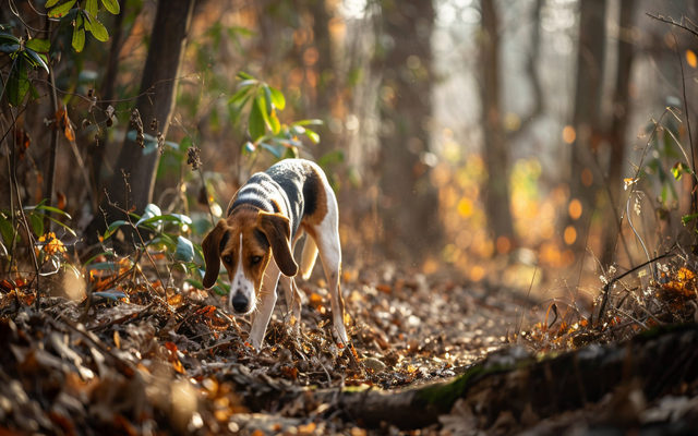 An American English Coonhound sniffing a trail in the woods