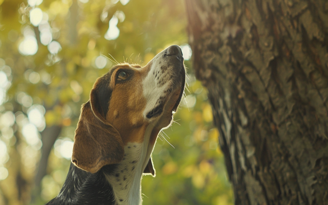 An American English Coonhound looking up at a tree
