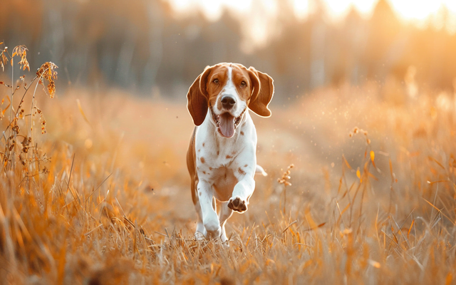 An American English Coonhound running through a field