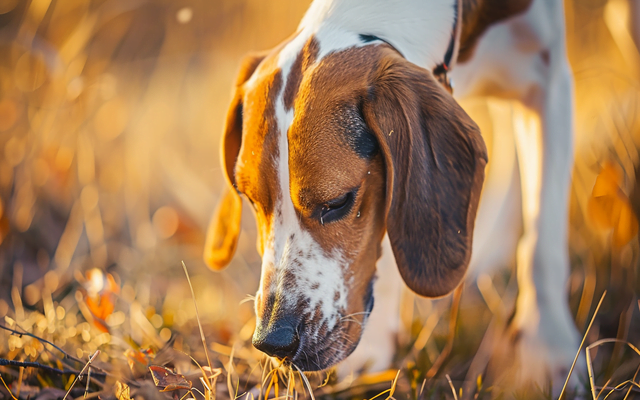 An American English Coonhound sniffing a scent closely