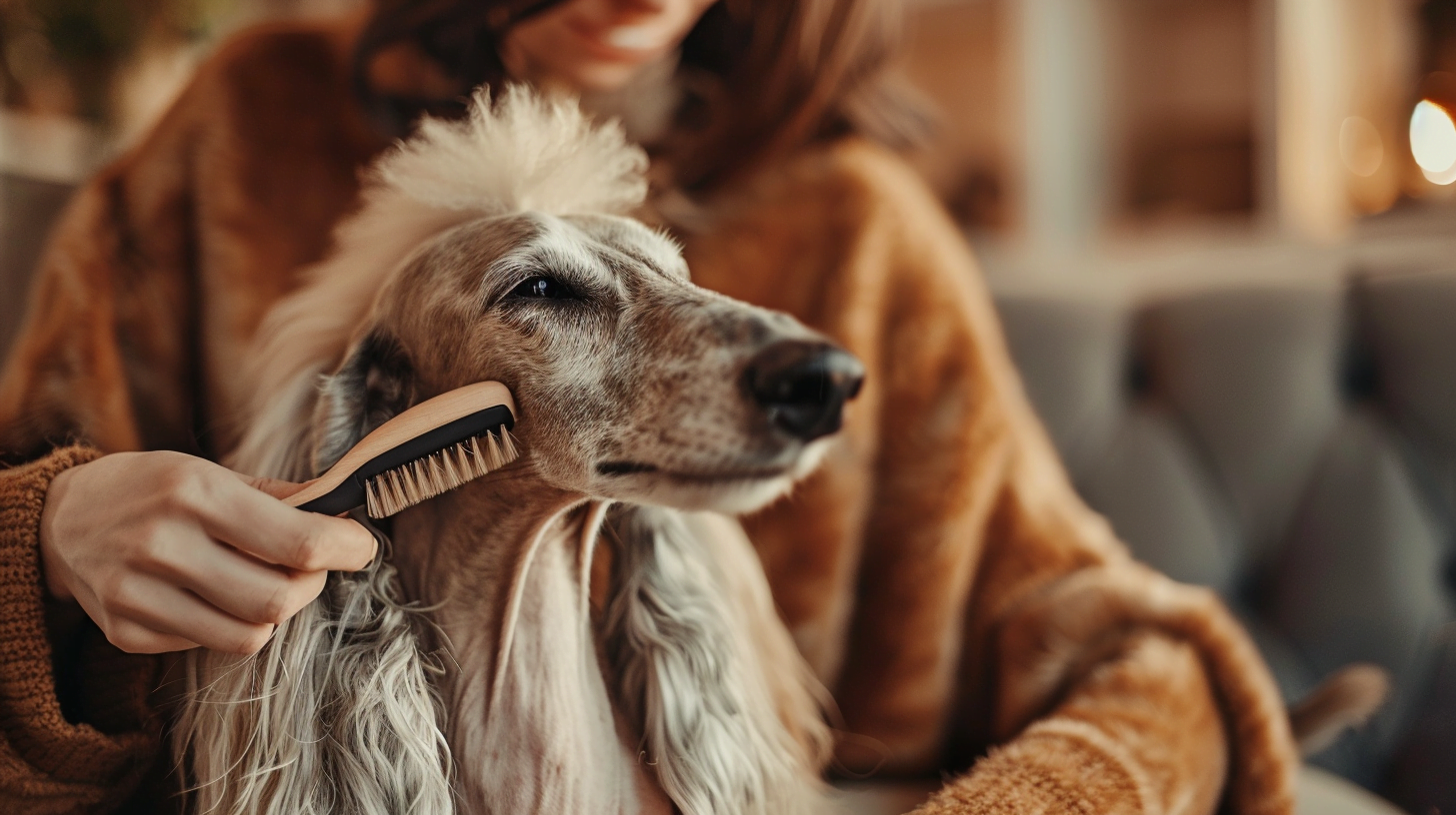 An Afghan Hound owner brushing their dog's coat, showcasing the bonding experience and the meticulous grooming process
