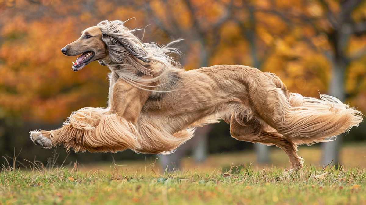 An Afghan Hound running through a field, showcasing their graceful stride and flowing coat