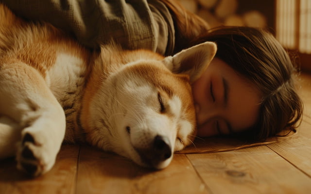 An Akita and person snuggling playfully on the floor.