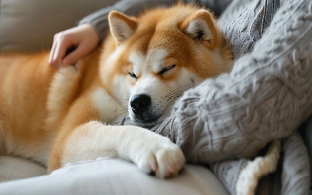An Akita cuddling with its owner on the sofa.