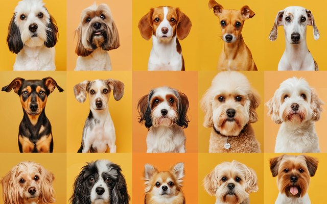An adorable collage of different dog breeds with natural tails and floppy ears, showcasing their diversity and cuteness.