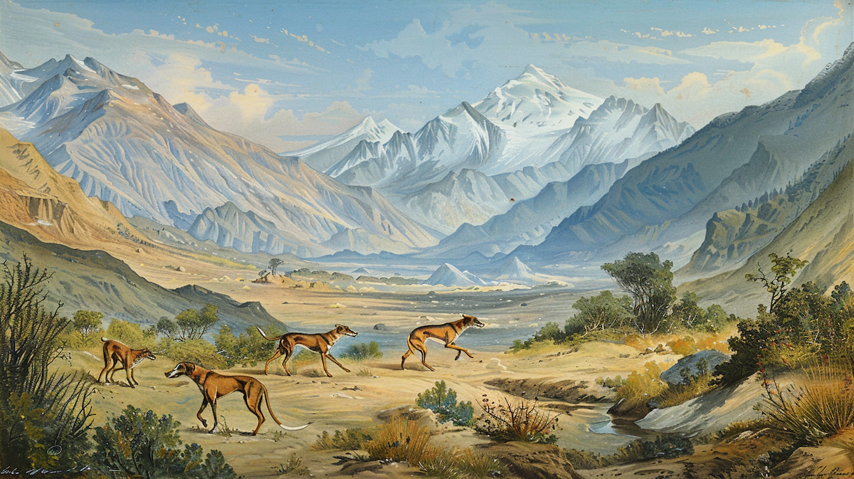 An antique painting or drawing depicting Afghan Hounds hunting in a mountainous landscape