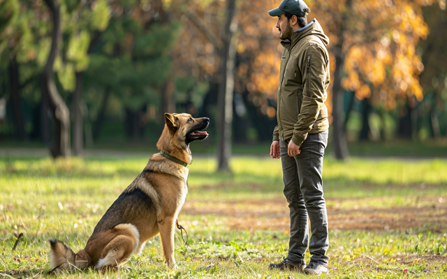 An owner doing basic obedience training with a female Anatolian Shepherd in a park