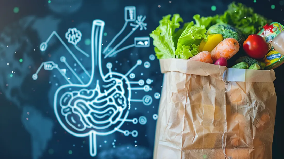 Bag of food and a graphic of a healthy digestive system