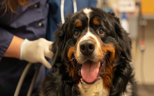 Bernese Mountain Dog getting a health check at the vet