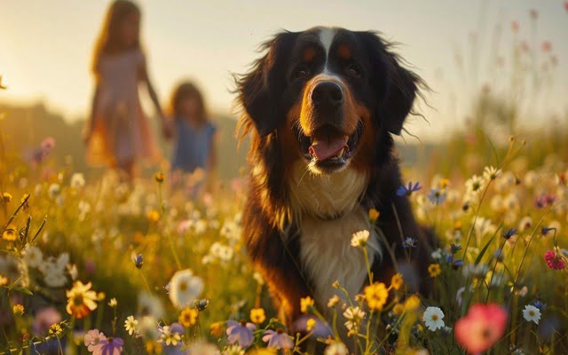 Bernese mountain dog frolicking in a field of wildflowers with a family