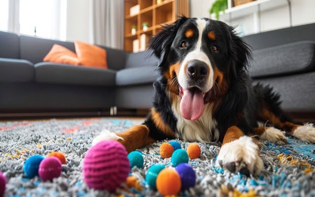 Bernese mountain dog playing with toys in modern apartment