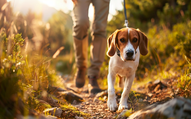 Brittany Spaniel dog goes hiking with his owner, exploring the trail.