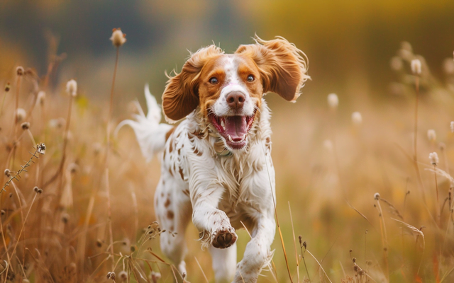 Brittany Spaniel running through a field with its tongue out, looking happy and energetic.
