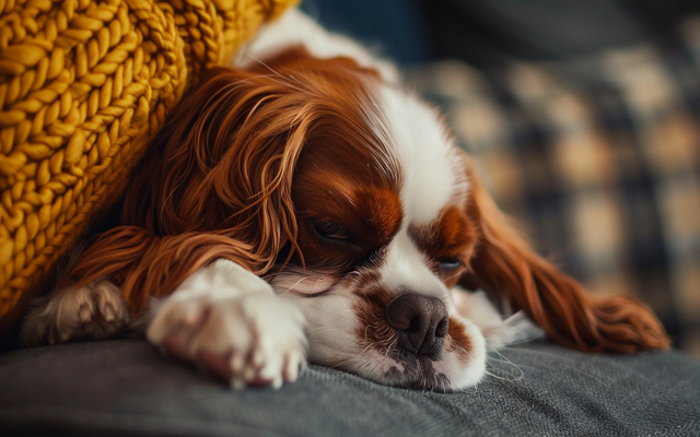 Cavalier King Charles Spaniel curled up on his lap