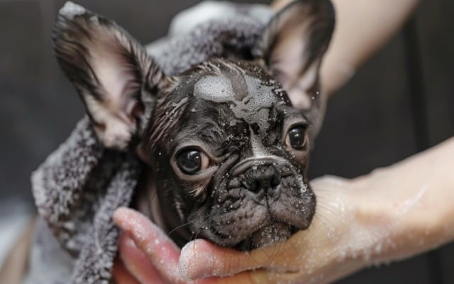 Clean with a damp cloth on the hairless French Bulldog's wrinkles
