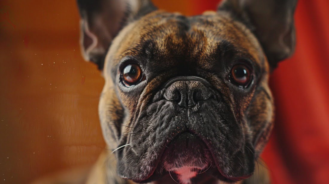 Close-up of a French Bulldog with a funny