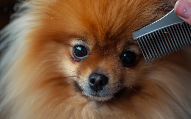 Close-up of a Pomeranian's coat being brushed with a metal comb
