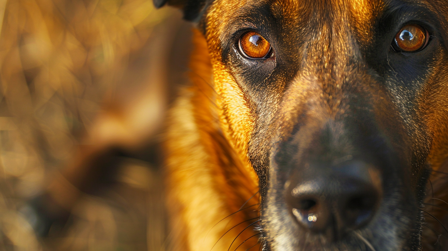 Close-up of a guard dog exhibiting a focused gaze, showing alertness and determination