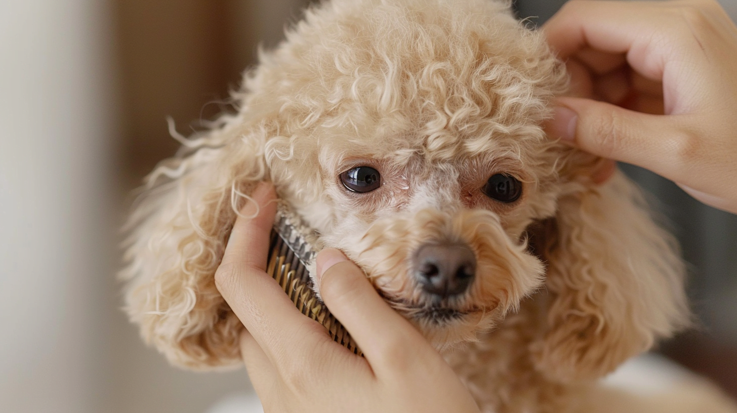 Close-up of a person brushing a Miniature Poodle's coat