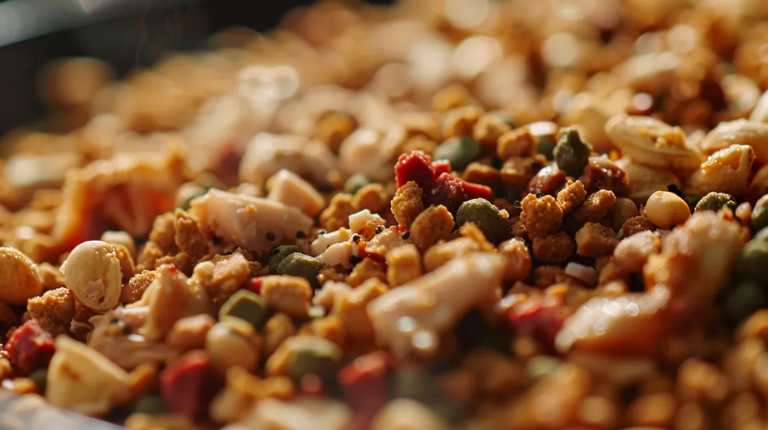 Close-up of kibble with small chicken pieces visible