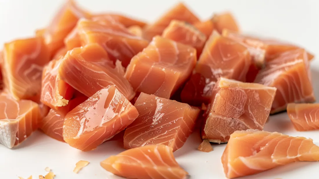Close-up of salmon pieces for dog