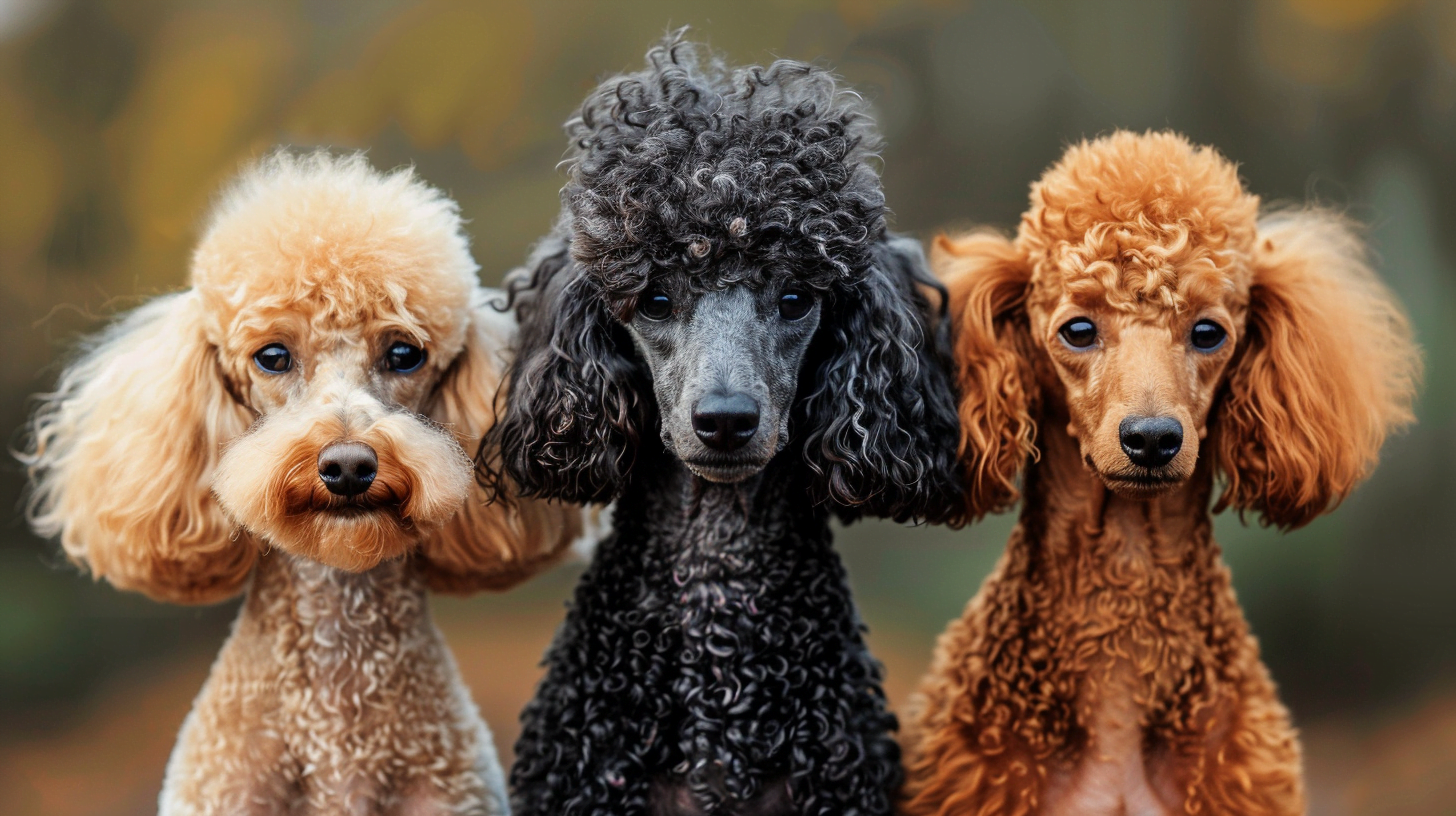 Close-up of three Poodles standing side-by-side to illustrate the size differences.