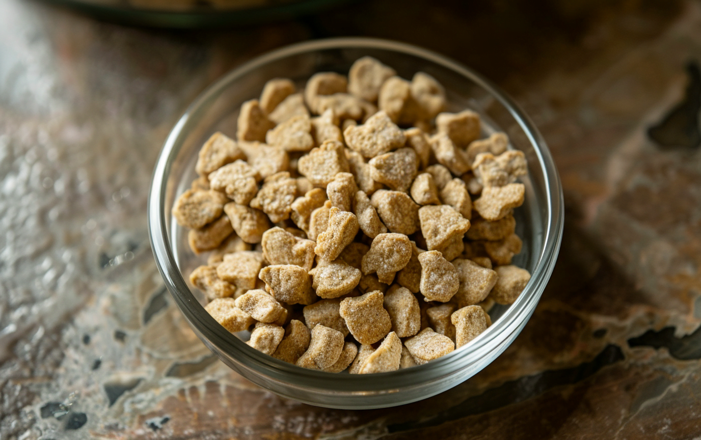Close-up photo of a dog bowl filled with kibble made with chicken meal.