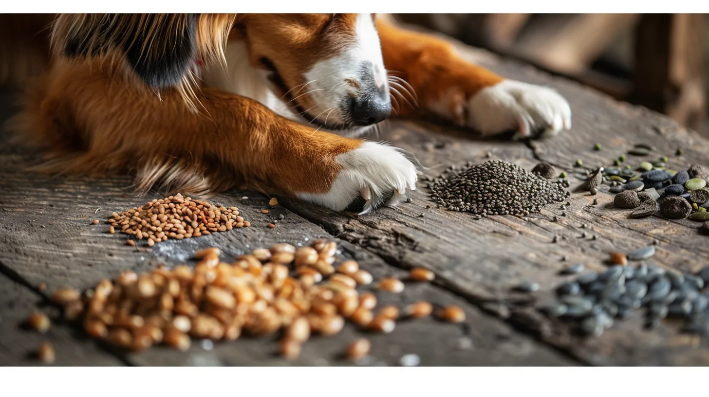 Close-up photo of a variety of seeds on a rustic wooden table, with a dog's paw playfully reaching for them