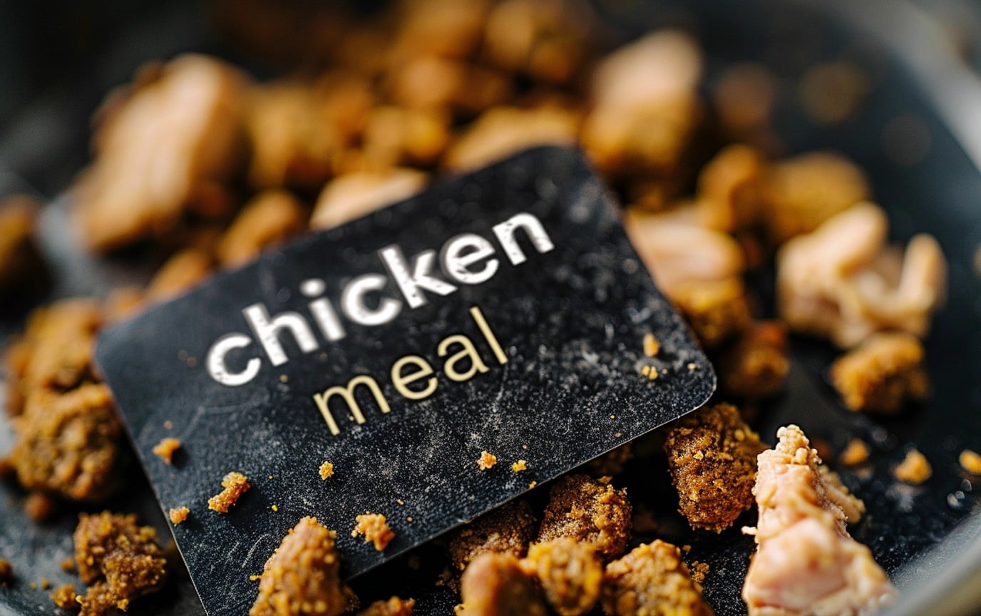 Dog food label highlighting chicken meal as a source of protein.