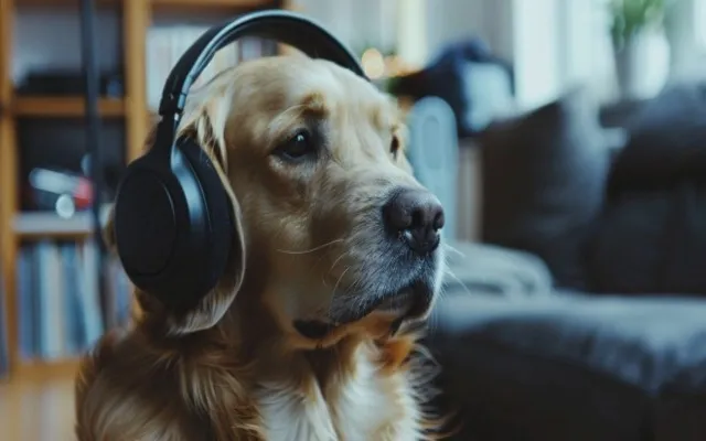 Dog wearing headphones lying down listening to music