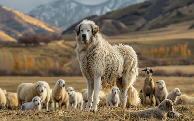 Female Anatolian Shepherd surveying a field alongside several sheep and smaller puppies
