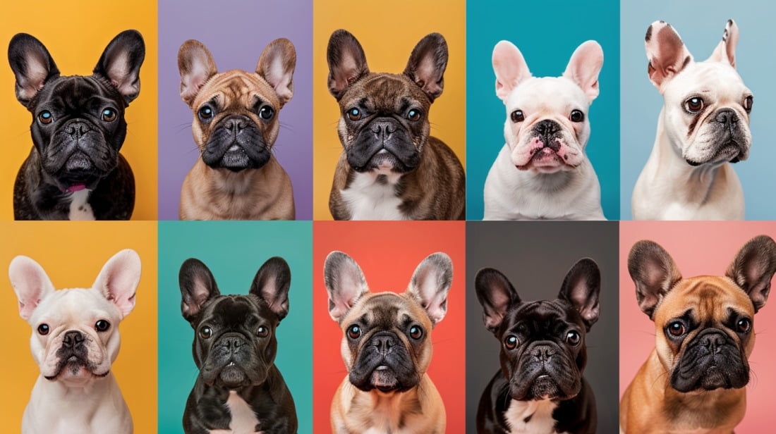 French Bulldogs showcasing the variety of coat colors with short captions describing each