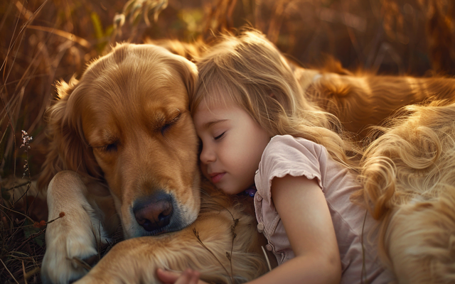 Golden Retriever cuddling a child